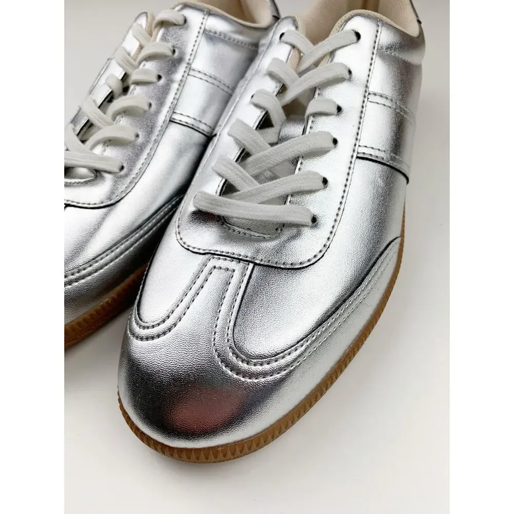 J Crew Field Sneakers Metallic Silver Faux Leather Women's 9 Extra Wide Casual